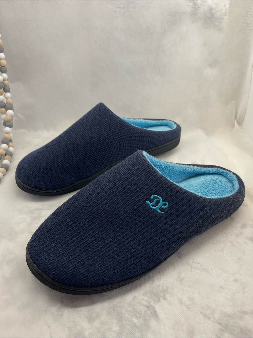 DL Men's Navy Slip-On Slippers with Light Blue Lining